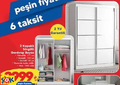 2 KAPAKLI SÜRGÜLÜ GARDIROP BEYAZ